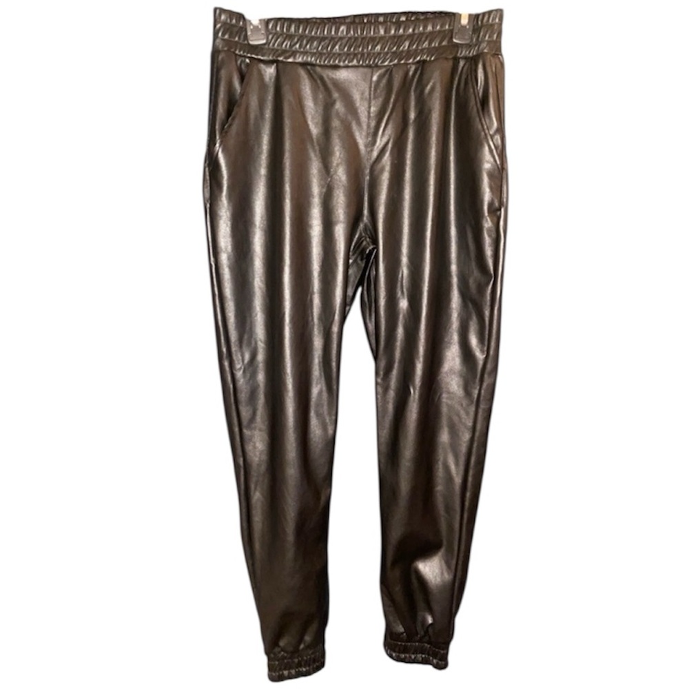RDL Black Faux Leather Jogger Trousers with Elastic Waist Pants Size Medium